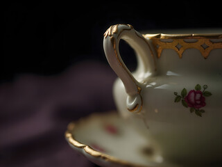 Elegant vintage porcelain teacup with gold accents and rose design