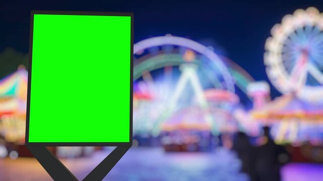 Green screen billboard standing in front of a busy amusement park with a timelapse of the sky changing from day to night