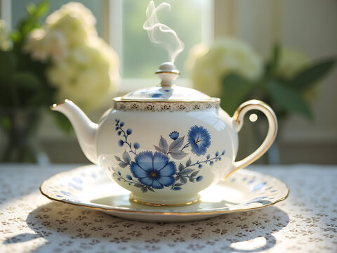 Steaming white teapot with blue floral pattern on lace tablecloth with copy space