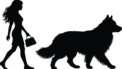 Stylish woman silhouette walking large furry dog pet friend, beautiful companion animal, lady with purse, elegant black vector illustration, isolated on white background, friendship concept