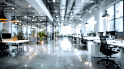 Blurred abstract office background features an open plan workspace with bright white and grey tones in an out of focus business environment.