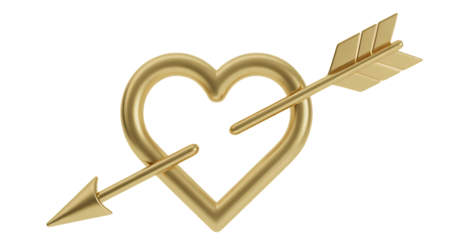Golden Heart Outline Pierced by Arrow graphic design Transparent Background.