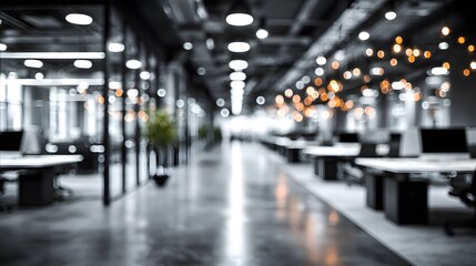 Blurred abstract office background features an open plan workspace with bright white and grey tones in an out of focus business environment.