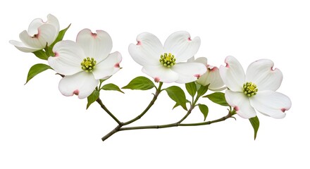 Obraz premium Close-up of delicate white dogwood flowers with pink edges, against a pure white background