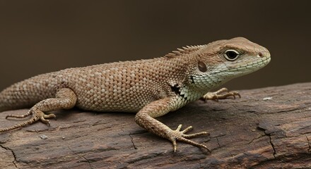 Fototapeta premium Close-up of a brown lizard perched on a textured branch, with detailed scales and a neutral background