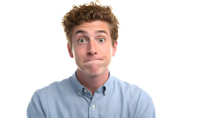 Wide-Eyed Young Man with Pursed Lips on White Background