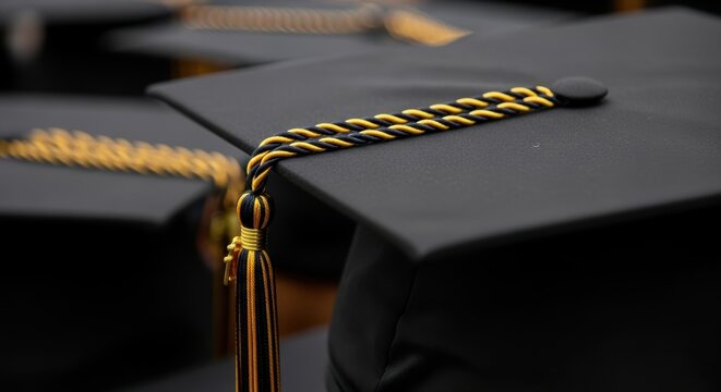 Black graduation cap with gold tassel on graduate's head at ceremony