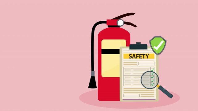  Fire fighting checklist. Extinguisher and paper tablet with checkmarks. Document at clipboard. Firefighting safety. Flame prevention checklist page. Extinguishing guidance 