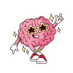 Cool brain character wearing star sunglasses and dancing with sparkle effects. Cute groovy cartoon doodle style. Outline vector illustration for sticker, fun, creativity, or motivation design.