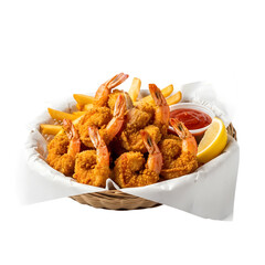 Crunchy fried shrimp basket arranged neatly on white background