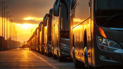 Fototapeta premium Row of Buses Parked at Sunset with Dramatic Backlighting
