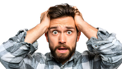 Bearded Man's Intense Shock, Hands in Hair, Staring in Utter Disbelief