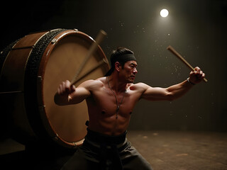 Asian man passionately playing taiko drum on dark stage with copy space