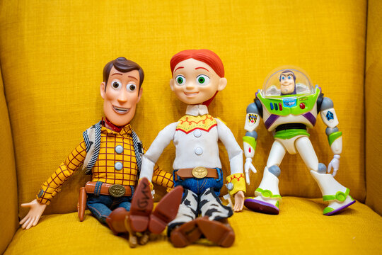 Bangkok, Thailand - September 4, 2025 : Toy Story movie display with Jessie, Buzz Lightyear and Woody, a famous character in movie theatre.