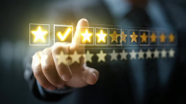 Hand touching a glowing screen with a checkmark and multiple stars, symbolizing excellent service and positive feedback concept.