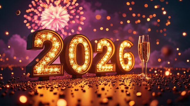 Vibrant 2026 New Year countdown at midnight, glowing countdown clock striking 12, spectacular fireworks explosion, confetti rain, festive party atmosphere, cinematic lighting, 8k