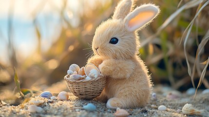 A soft stuffed rabbit holding a tiny seashell basket collecting treasures on beach
