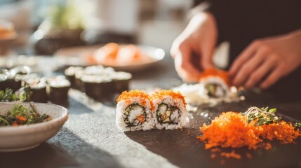 Sushi preparation with rolls, fish roe, and salad