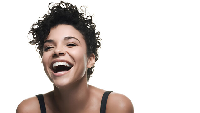 Radiant Laughter: A Joyful Woman with a Curly Pixie Cut in a Bright Studio Portrait