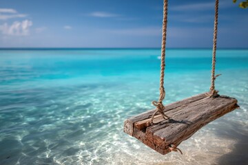 Vacation Swing with Tropical Ocean Backdrop and Clear Blue Sky