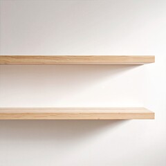 Two rustic wooden shelves mounted on a pristine white wall, showcasing an array of decorative items, plants, and books, adding warmth and charm to the space.