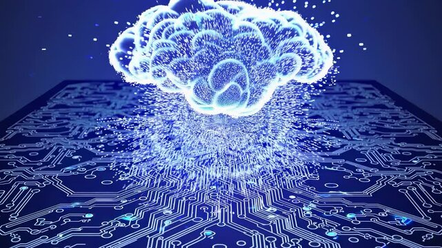 Exploding ai brain above circuit board. Glowing cloud sends data into circuit surface. Energy pulses with digital ai. Brain connects to technology. Circuit channels ai intelligence from digital cloud