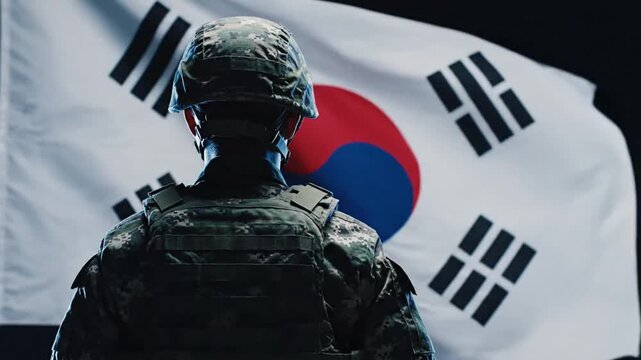 soldier standing in front of south korean flag capturing national pride and