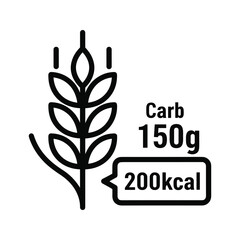 Fototapeta premium Black and white icon of a wheat stalk next to a nutrition label showing 150g carb and 200kcal, isolated on