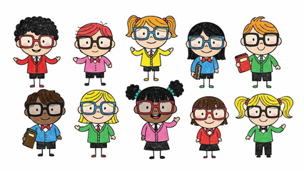 Diverse Group of Cheerful Cartoon School Children Wearing Glasses