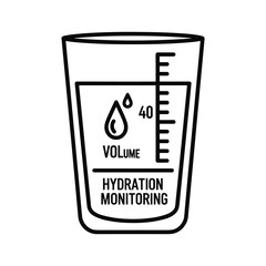 Black and white line art icon representing hydration monitoring with volume measurement in a glass, isolated on