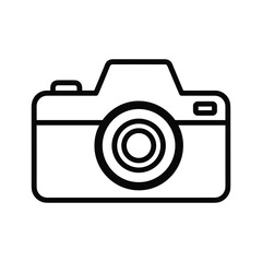 Simple black and white line art icon representing a modern digital camera isolated on