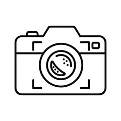 Simple line art icon representing a camera lens with aperture blades, isolated on