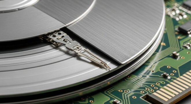 Close-up of hard drive platters and actuator arm on circuit board