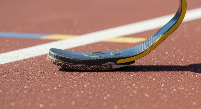 Athlete with prosthetic blade on track ready for running performance