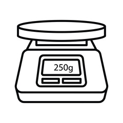 Line art icon of a digital kitchen scale displaying a weight of 250 grams, isolated on