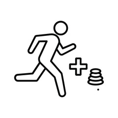 Running person icon with a plus sign and stack of coins representing fitness reward or earning money through exercise