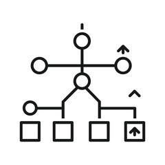 Simple black and white icon representing a hierarchical structure, organizational chart, or branching process flow diagram isolated on