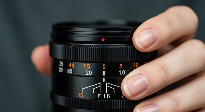 Close-up of hand holding camera lens with focus on f-stop settings - Powered by Adobe