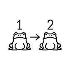 Simple line icon illustrating a mathematical sequence or transition from frog number one to frog number two with an arrow, isolated on