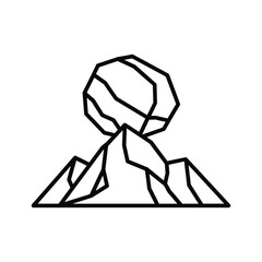 Minimalist black and white line art icon of a large geometric rock or boulder balanced precariously on top of sharp mountain peaks, isolated on