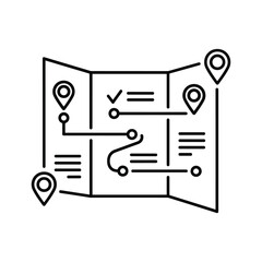 Outline of a travel itinerary or route planning on a folded map with location pins and checklist icons, isolated on