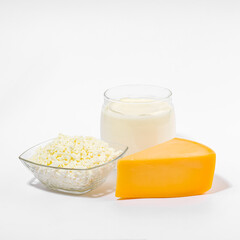 Assortment of Fresh Dairy Products: Cheese, Cottage Cheese, and Yogurt
