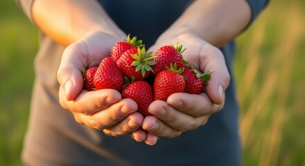 Hands holding fresh strawberries in sunlit field