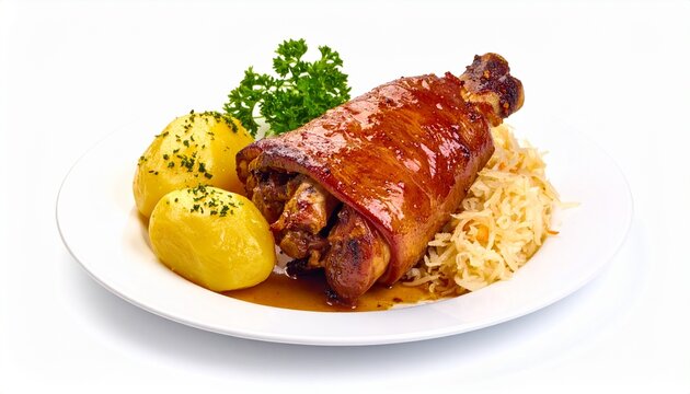 Crispy german pork knuckle with boiled potatoes