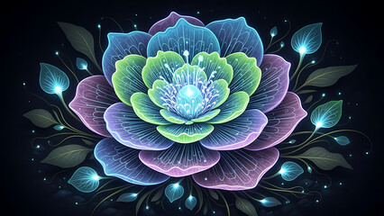 Ethereal glowing neon flower with vibrant petals and leaves.