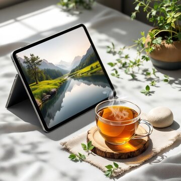 Ipad pro with nature wallpaper tea cup and plant on white table digital lifestyle aesthetic scene