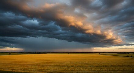Dramatic sunset over a vast field, heavy clouds portend a storm, golden sunlight