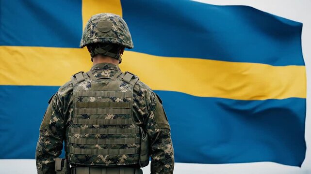 soldier standing with back to camera waving flag of sweden in military parade