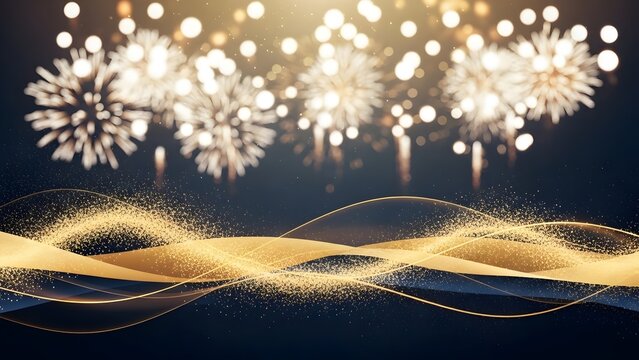 Elegant festive background with golden fireworks and shimmering glitter waves on a dark blue backdrop.
