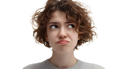 Skeptical Young Woman with Curly Hair Pouting, Eyes Glancing Upward
